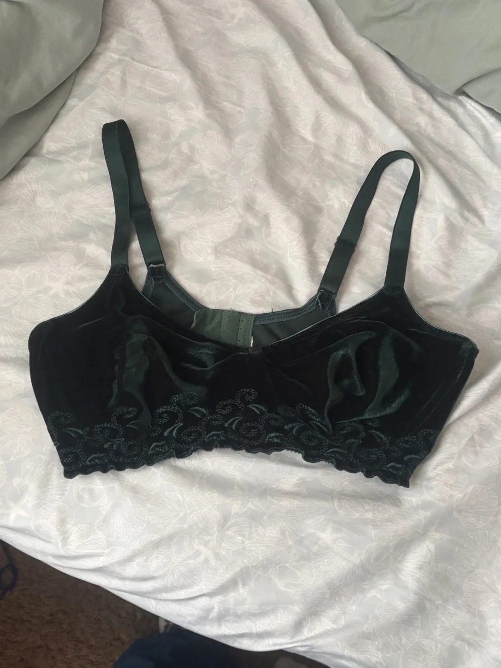 Velvet Lace-Trim Bralette - Dark Green